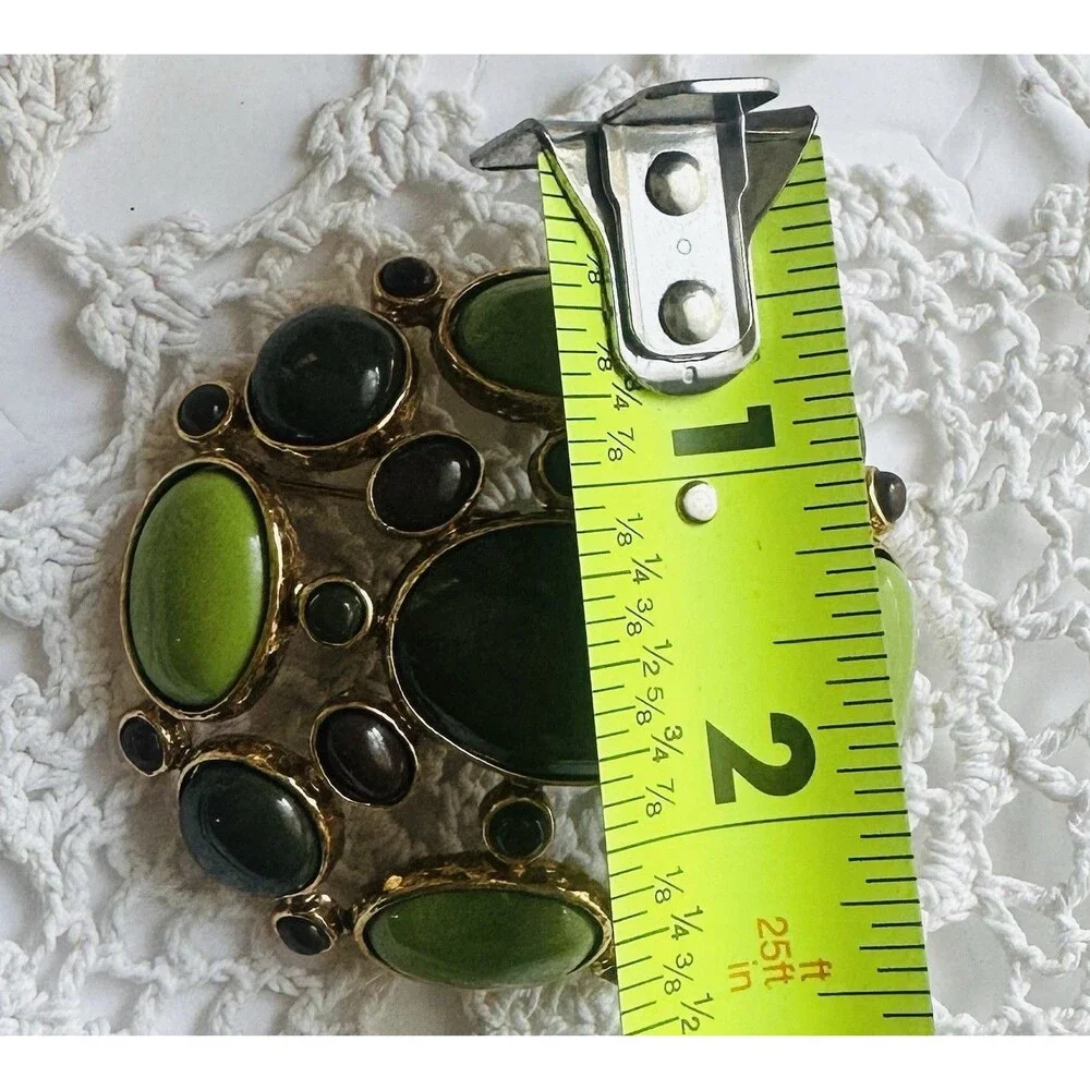 Vintage Mod Green Brown Cabochon Gold Tone Brooch Pin Statement
